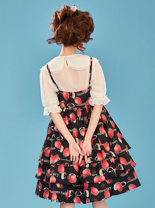 Choco Strawberry Printed Three-layer Hem Big Bowknot Classic Lolita Sling Dress