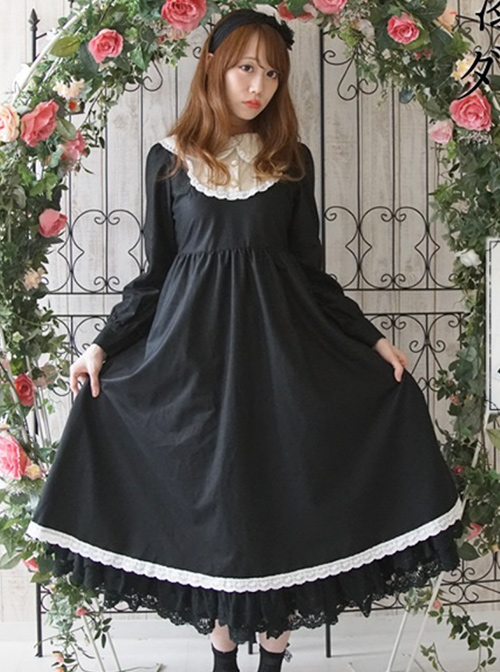 Black Corduroy Long Sleeve Classic Lolita Long Dress