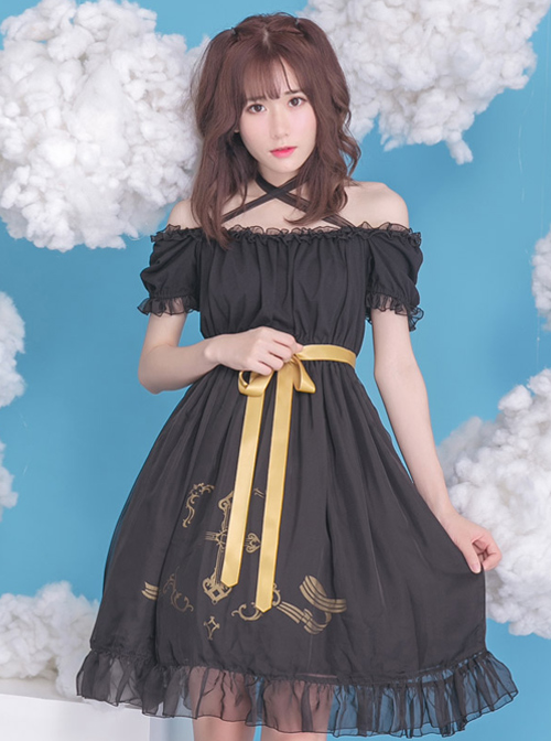 Off-shoulder Cross Bowknot Gothic Lolita Short Sleeve Dress