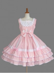 Pink Lace Bowknot Bind Strap Sweet Lolita Sling Dress