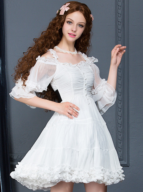 Palace Style Retro White Chiffon Puff Sleeve Classic Lolita Dress
