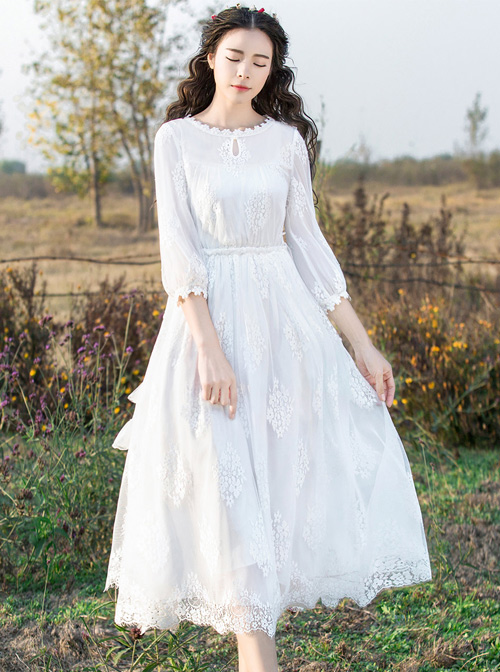 White Embroidery Lace Classic Lolita Long Sleeve Dress