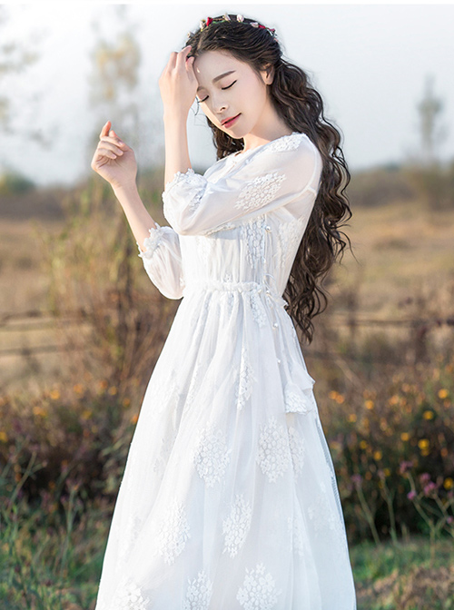 White Embroidery Lace Classic Lolita Long Sleeve Dress