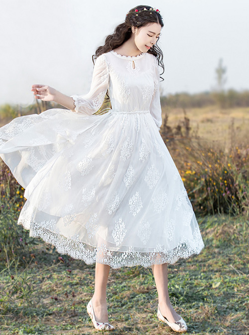 White Embroidery Lace Classic Lolita Long Sleeve Dress