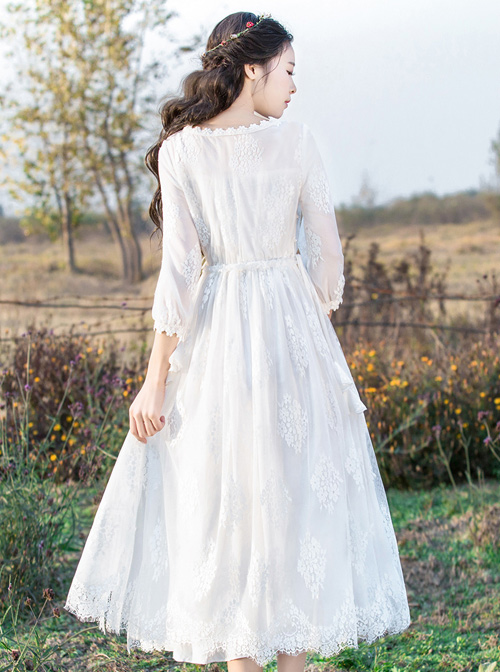 White Embroidery Lace Classic Lolita Long Sleeve Dress