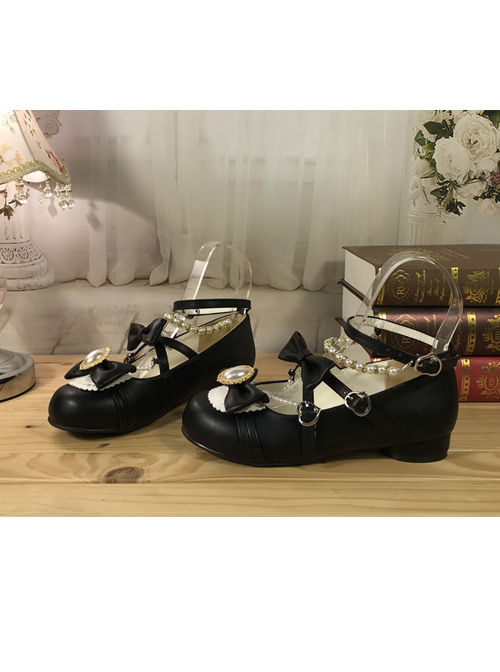 Black Bowknot Bead Chain Lolita Low Heel Shoes