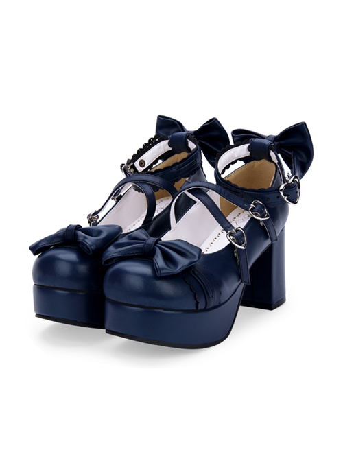 Dark Blue Bowknot Round-toe Sweet Lolita High Heel Shoes