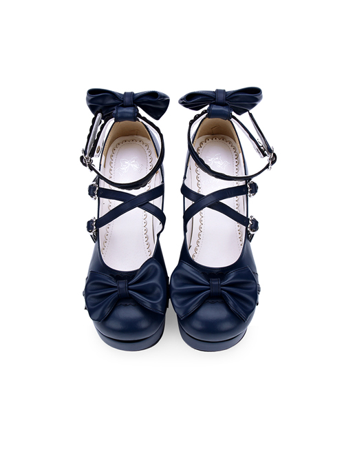 Dark Blue Bowknot Round-toe Sweet Lolita High Heel Shoes