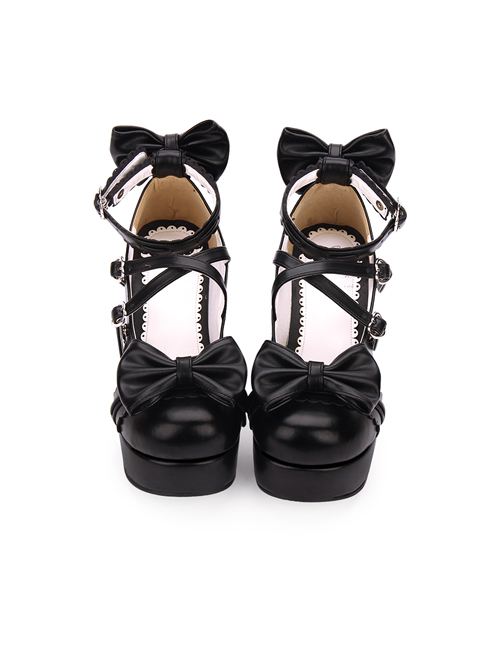 Dark Blue Bowknot Round-toe Sweet Lolita High Heel Shoes