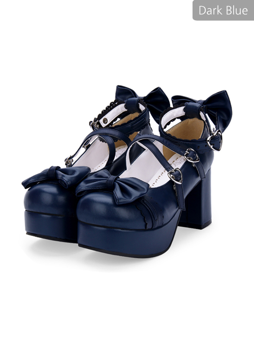 Dark Blue Bowknot Round-toe Sweet Lolita High Heel Shoes
