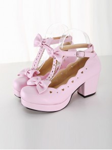 Pink Bowknot Heart-shaped Hollow Out Lolita High Heel Shoes