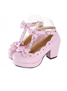 Pink Bowknot Heart-shaped Hollow Out Lolita High Heel Shoes