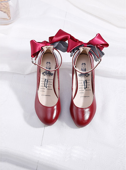Ribbon Bowknot Princess Shoes Wine Red Lolita High Heel Shoes