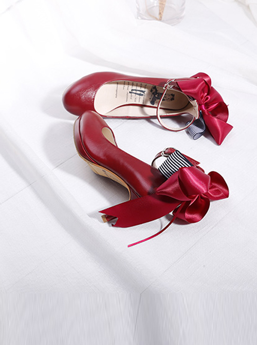 Ribbon Bowknot Princess Shoes Wine Red Lolita High Heel Shoes