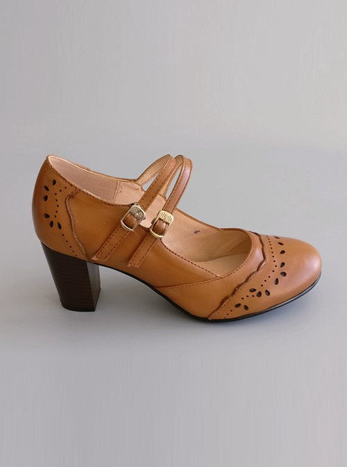 Pure Brown Hollow Out Lace Lolita High Heel Shoes
