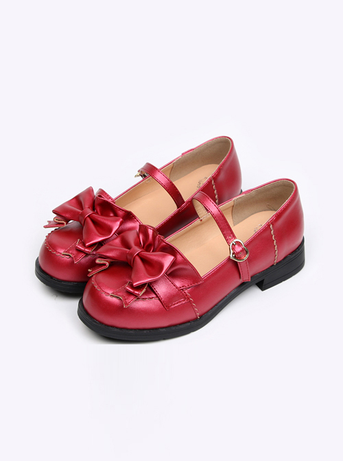 Wine Red Leather Bowknot Lolita Flat Shoes