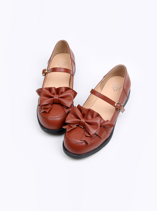 Wine Red Leather Bowknot Lolita Flat Shoes