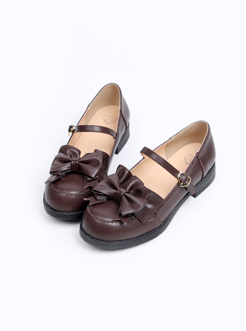 Wine Red Leather Bowknot Lolita Flat Shoes