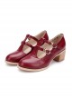 Retro Wine Red Double Buckles Lolita Mid Heel Shoes