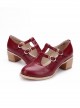 Retro Wine Red Double Buckles Lolita Mid Heel Shoes