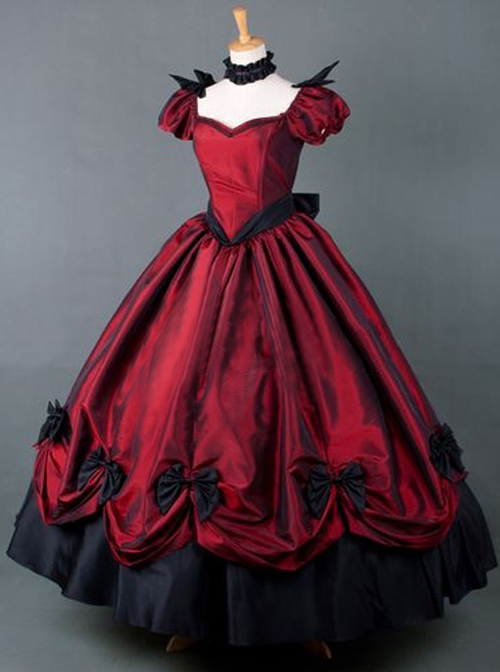 Victorian Retro Wine Red Bowknot Gothic Lolita Prom Long Dress