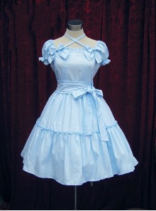 Blue Short Sleeves Bow Cotton Sweet Lolita Dress