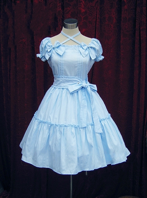 Blue Short Sleeves Bow Cotton Sweet Lolita Dress