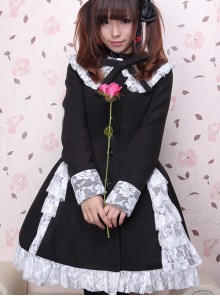 Gorgeous Black Long Sleeves Bow White Lace Lolita Coat