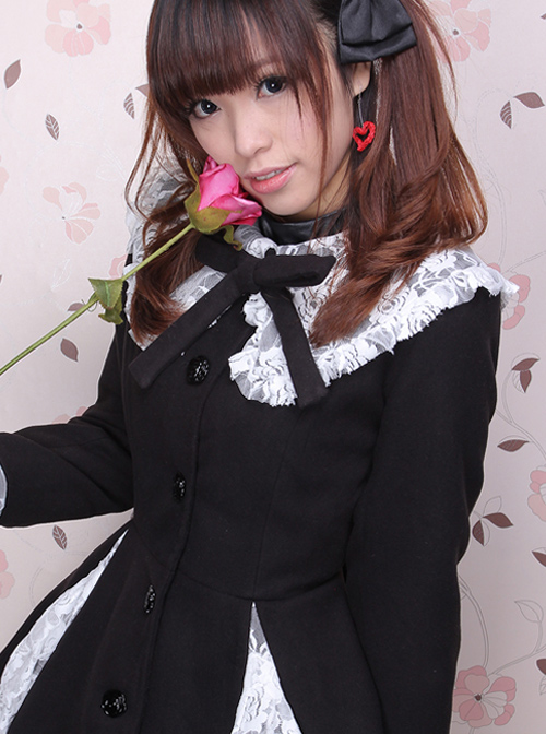 Gorgeous Black Long Sleeves Bow White Lace Lolita Coat