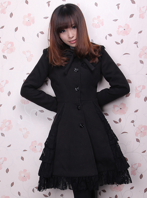 Gorgeous Black Long Sleeves Bow Black Lace Lolita Coat