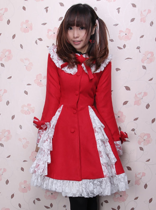 Glamorous Red Long Sleeves Bow White Lace Lolita Coat