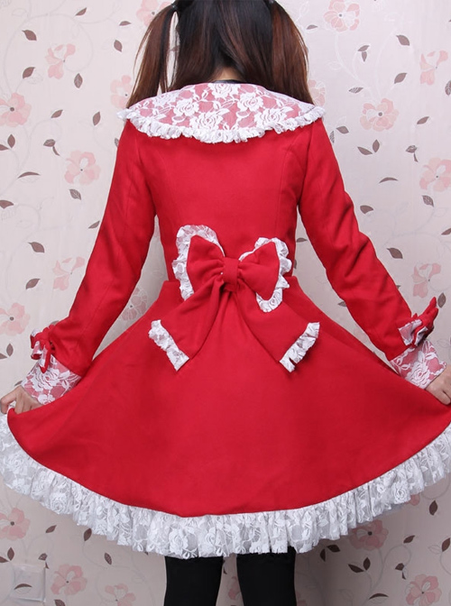 Glamorous Red Long Sleeves Bow White Lace Lolita Coat