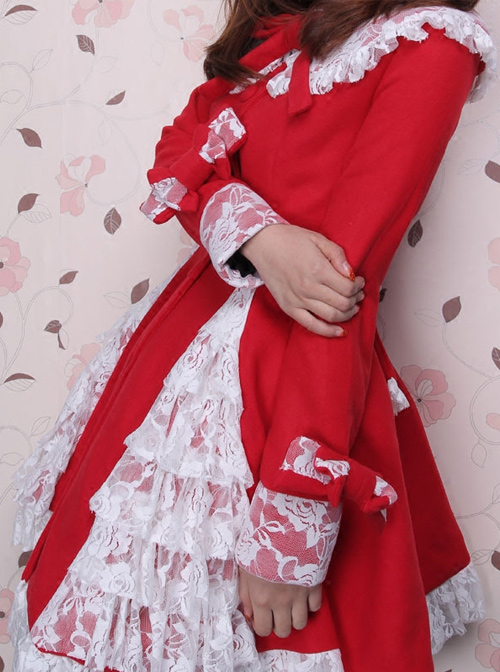 Glamorous Red Long Sleeves Bow White Lace Lolita Coat