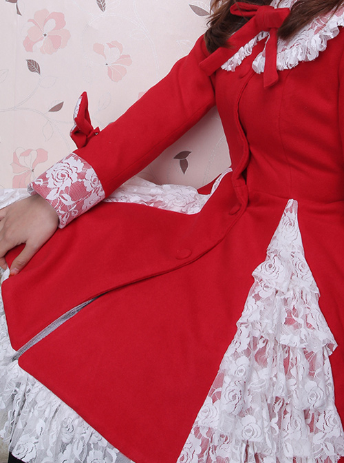 Glamorous Red Long Sleeves Bow White Lace Lolita Coat