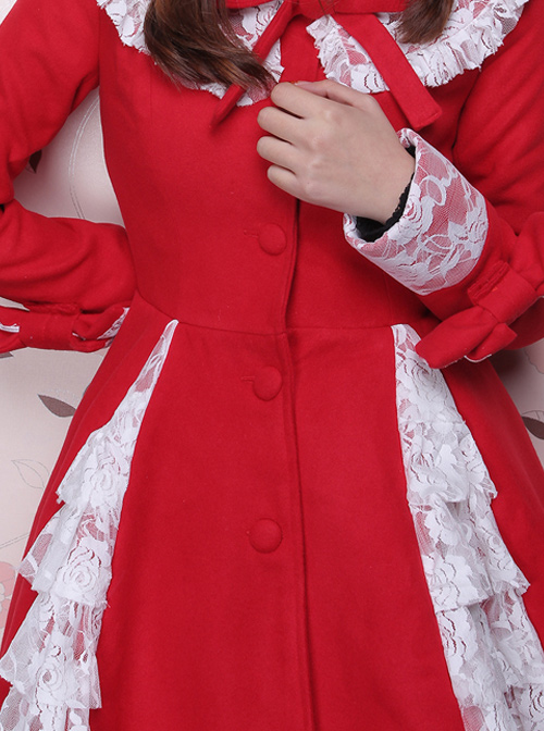 Glamorous Red Long Sleeves Bow White Lace Lolita Coat