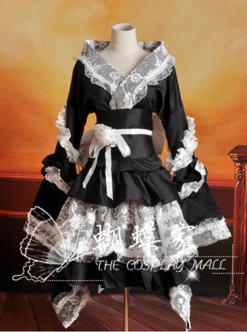V-Neck Black And White Lace And Ruffles Cosplay Lolita Long Sleeves Dress