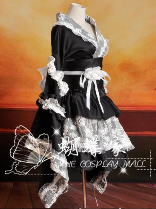 V-Neck Black And White Lace And Ruffles Cosplay Lolita Long Sleeves Dress