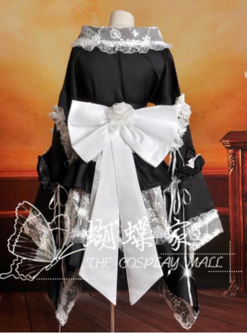 V-Neck Black And White Lace And Ruffles Cosplay Lolita Long Sleeves Dress
