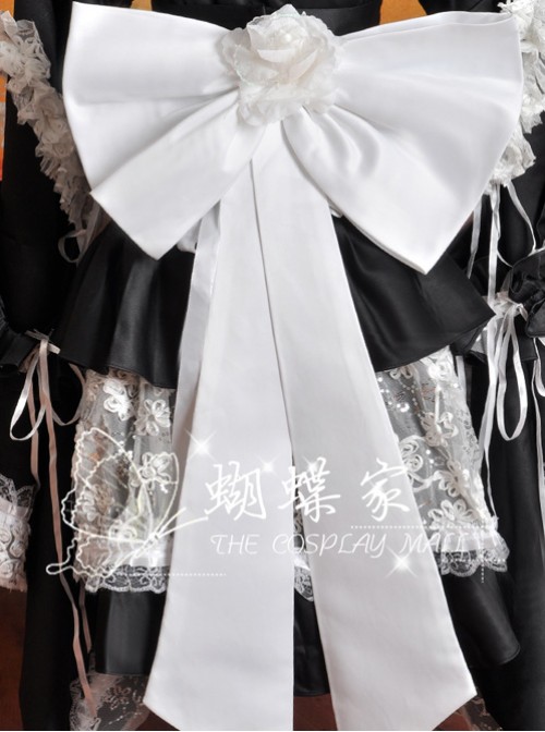 V-Neck Black And White Lace And Ruffles Cosplay Lolita Long Sleeves Dress