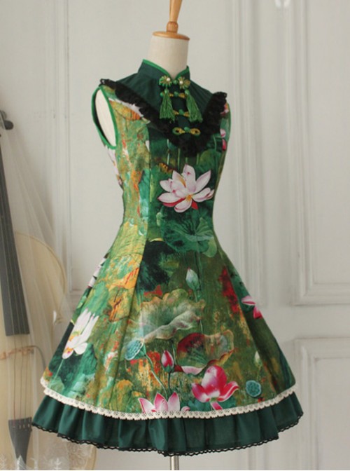 Cotton Vintage Chinese lotus Flounced Little Standing Collar Qi Lolita Sleeveless Dress