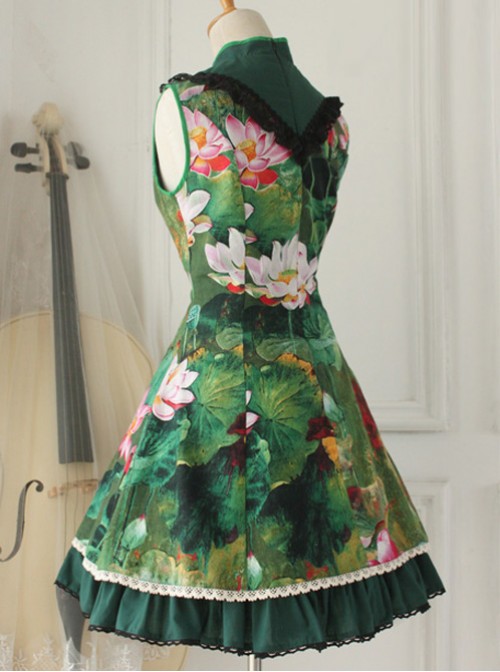 Cotton Vintage Chinese lotus Flounced Little Standing Collar Qi Lolita Sleeveless Dress