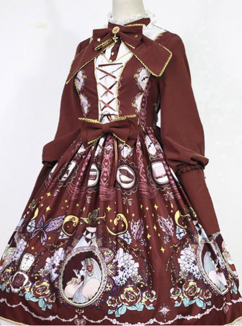 The Opera House at Midnight ~Lolita Stand Collar Long Sleeves OP Dress~Wine