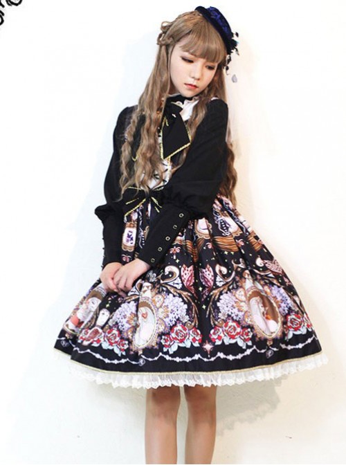 The Opera House at Midnight ~Lolita Stand Collar Long Sleeves OP Dress~Black