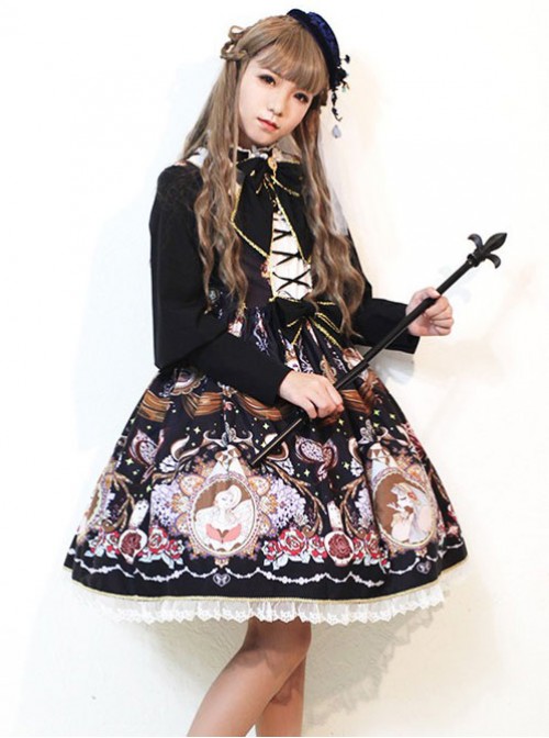 The Opera House at Midnight ~Lolita Stand Collar Long Sleeves OP Dress~Black