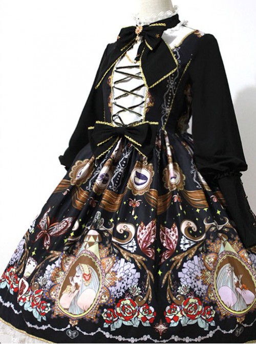 The Opera House at Midnight ~Lolita Stand Collar Long Sleeves OP Dress~Black