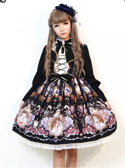 The Opera House at Midnight ~Lolita Stand Collar Long Sleeves OP Dress~Black