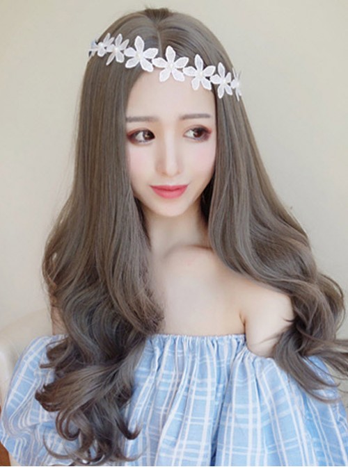 Sweet Centre Parting Grey Long Curls Lolita Wig