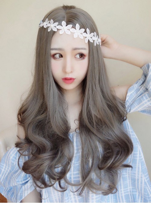 Sweet Centre Parting Grey Long Curls Lolita Wig