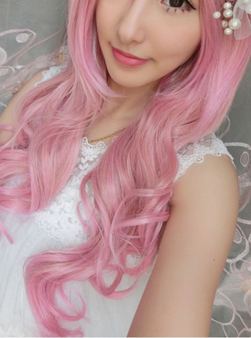 Sweet Pink with Gold Long Curls Lolita Wig