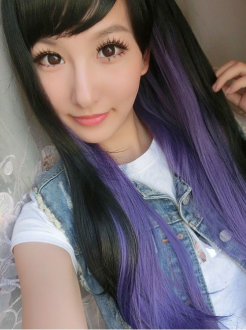 Black Purple Long Curls Lolita Wig